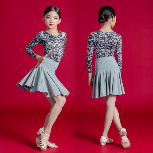 Girls kids silver leopard latin dance dresses stage performance professional latin dance costumes rumba chacha latin dance clothes for kid